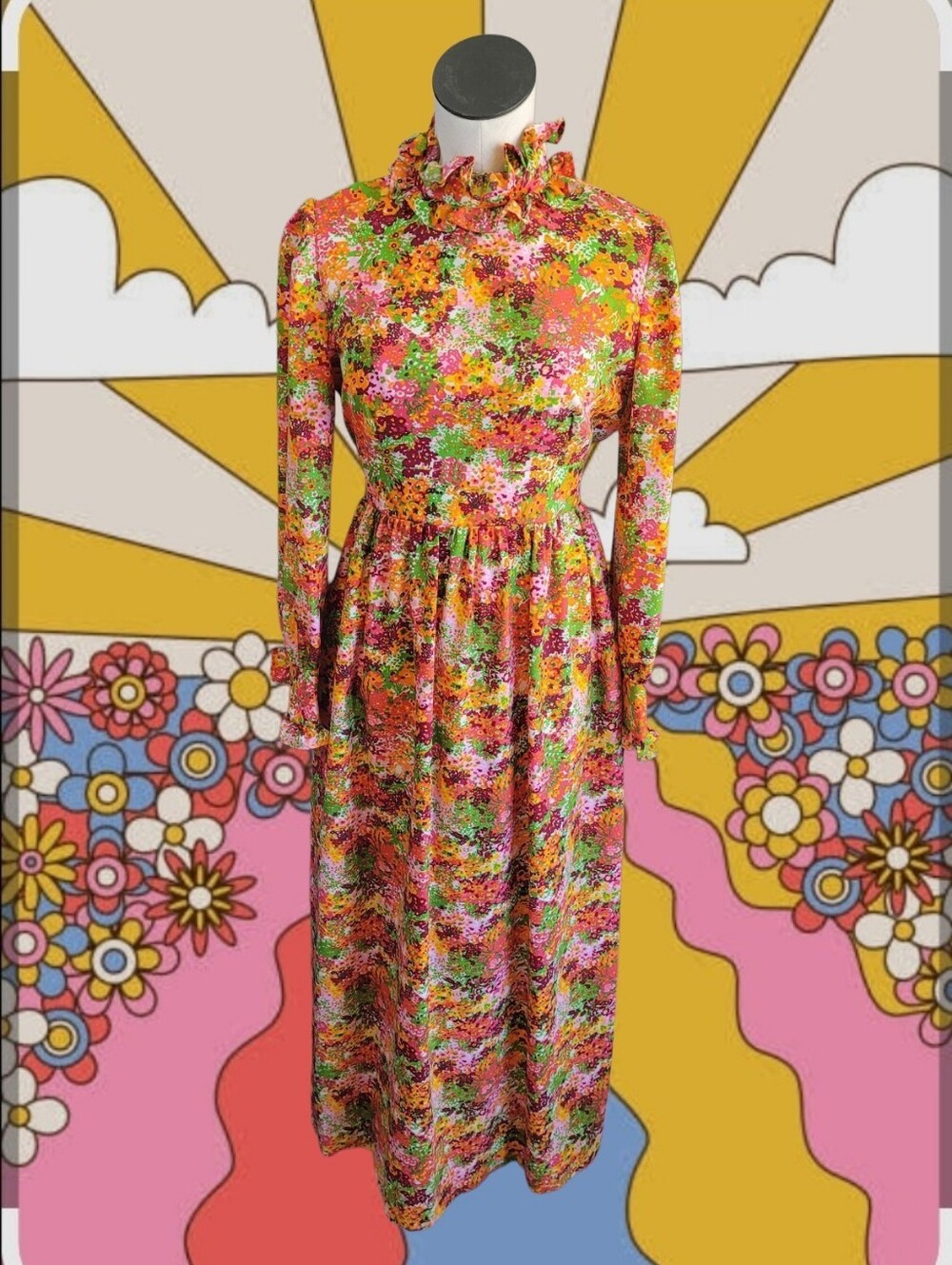Vintage Floral Ruffle Neck Maxi Dress in Multicolor